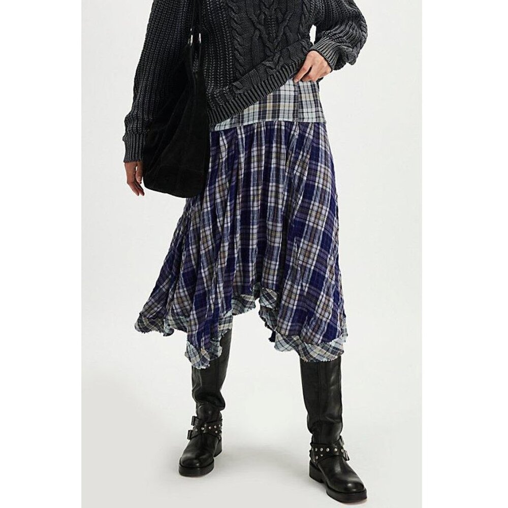 Free People Whitestone Plaid Midi Skirt in Blue Combo Size 12